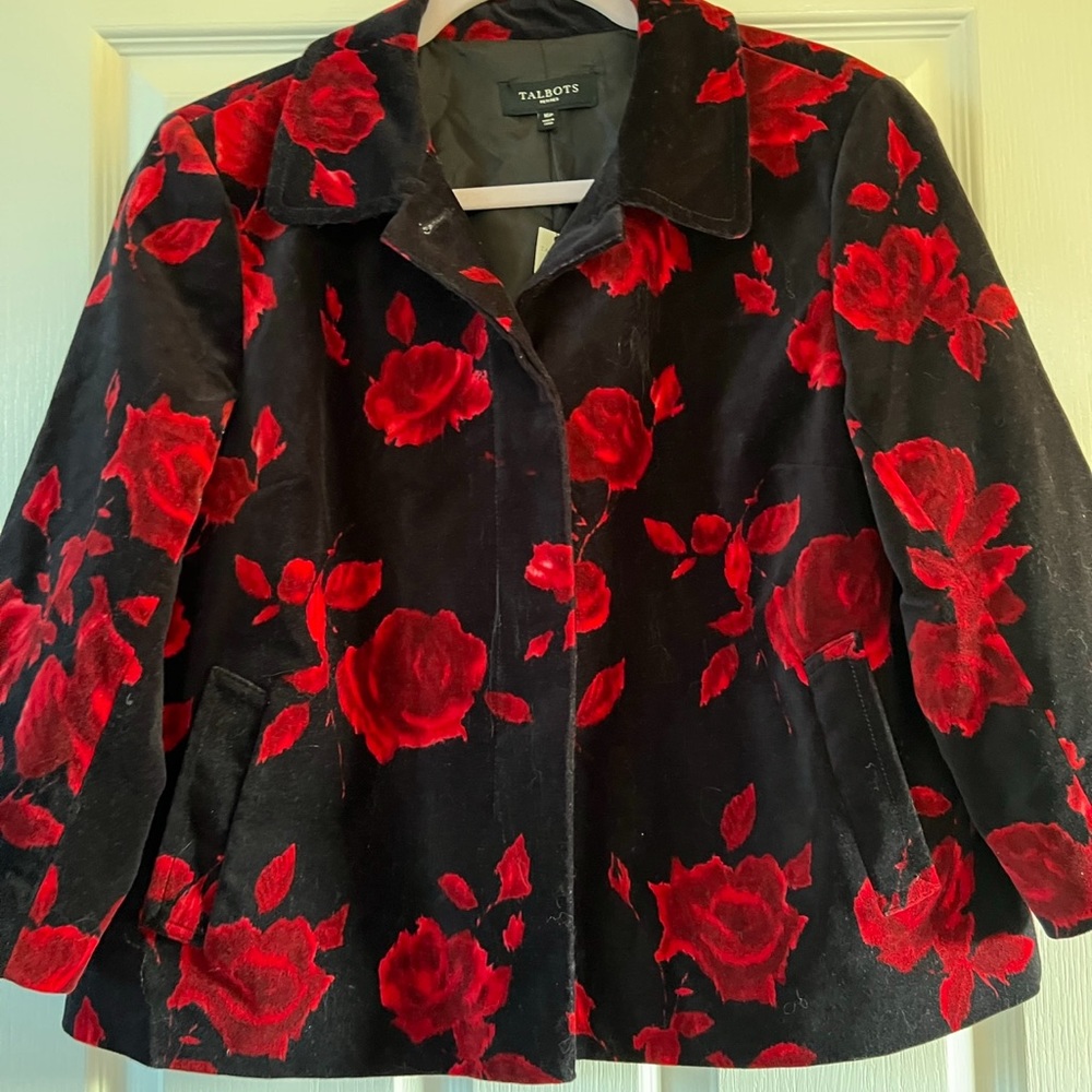 Talbots black red velvet velour jacket 16p